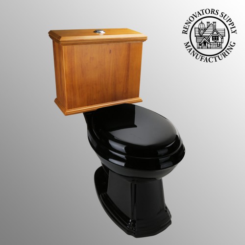 Low Tank Toilet with Light Oak Flat Panel Tank Elongated Black Bowl image-2