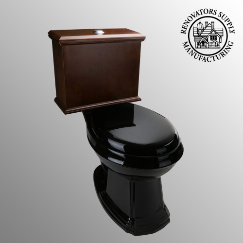 Low Tank Toilet with Dark Oak Flat Panel Tank Elongated Black Bowl image-2