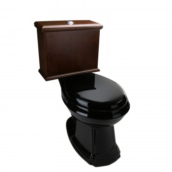 Low Tank Toilet with Dark Oak Flat Panel Tank Elongated Black Bowl 