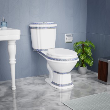India Reserve Elongated Toilet 2-Piece 0.8 GPF/1.6 GPF WaterSense Dual Flush Blue and Gold with Slow Close Seat 