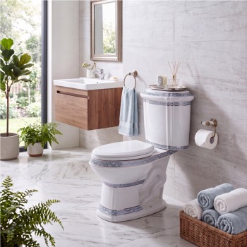 India Reserve Elongated Toilet 2-Piece 0.8 GPF/1.6 GPF WaterSense Dual Flush Blue and Gold with Slow Close Seat 