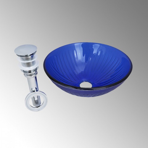 Glass Vessel Sink Bathroom Tempered Glass Artistic Round Blue Pop-Up Drain image-2