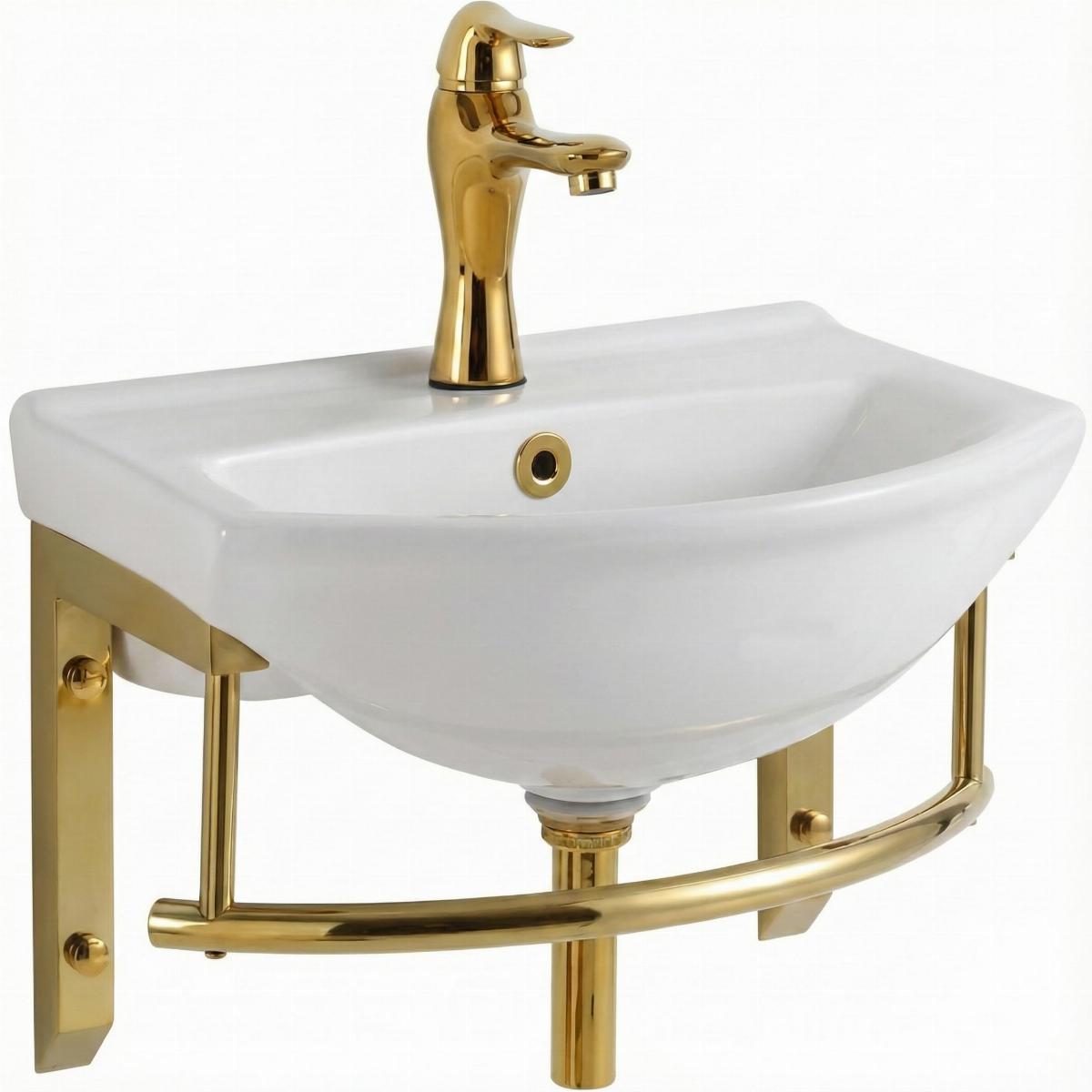 Ridge 17 3/4" Small Wall Mounted Bathroom Sink White with Brass Faucet Drain Towel Bar and Overflow image-2