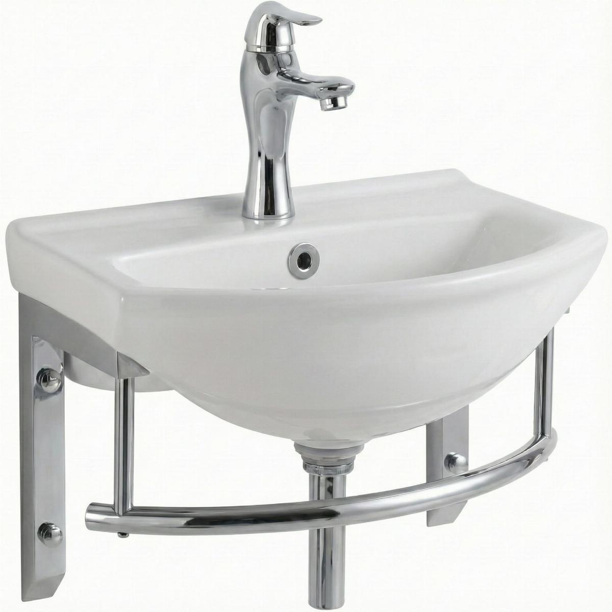 Ridge 17 3/4" Small Wall Mounted Bathroom Sink White with Brass Faucet Drain Towel Bar and Overflow image-2