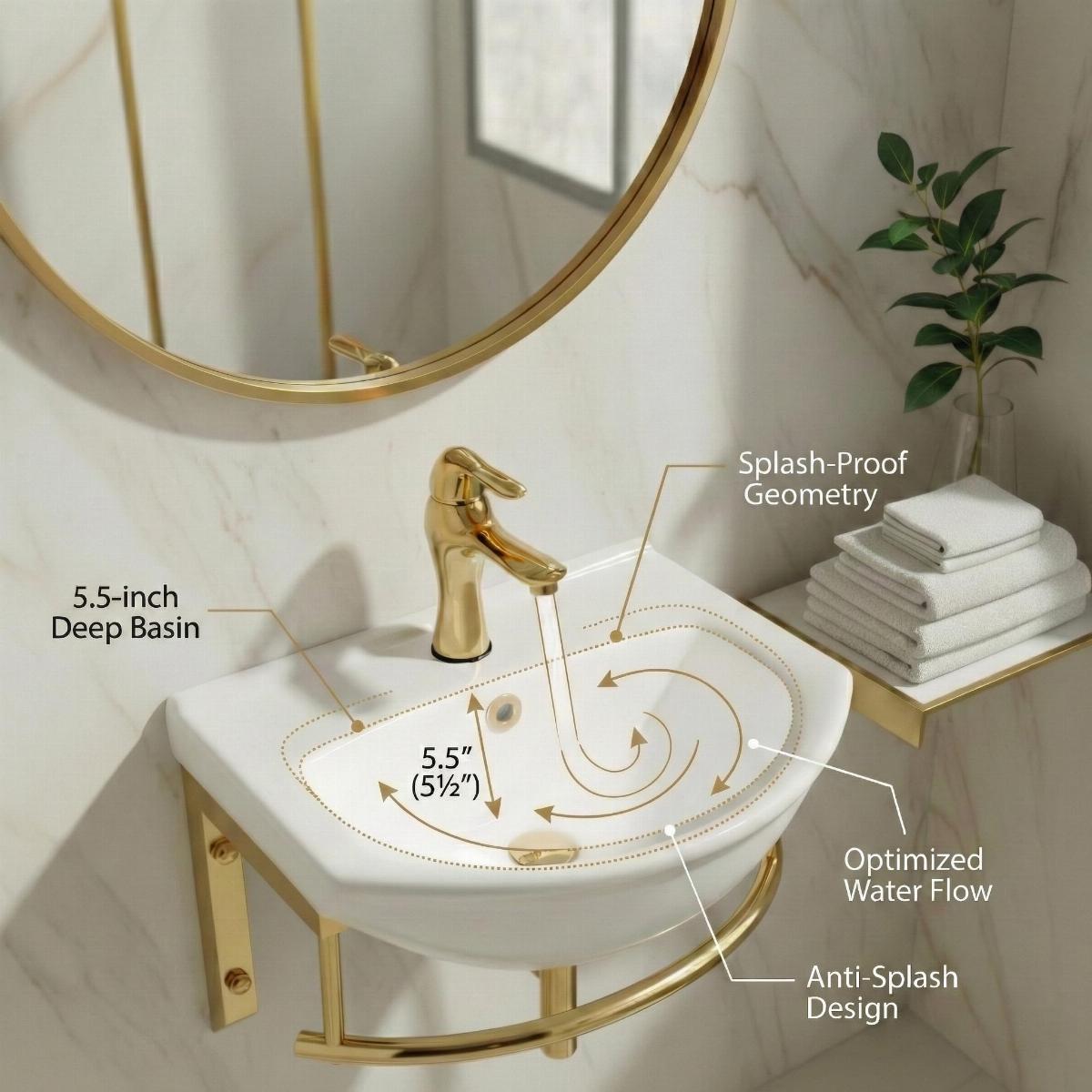 Ridge 17 3/4" Small Wall Mounted Bathroom Sink White with Brass Faucet Drain Towel Bar and Overflow image-4