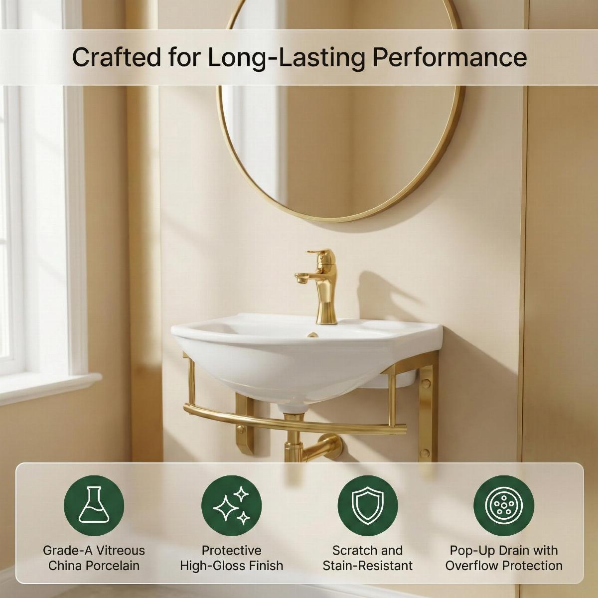 Ridge 17 3/4" Small Wall Mounted Bathroom Sink White with Brass Faucet Drain Towel Bar and Overflow image-3
