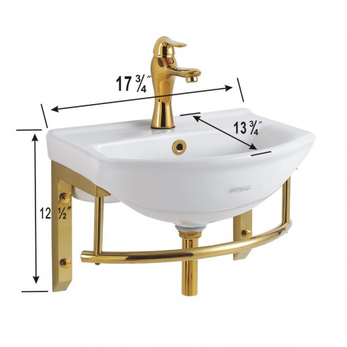 Ridge 17 3/4" Small Wall Mounted Bathroom Sink White with Brass Faucet Drain Towel Bar and Overflow image-12
