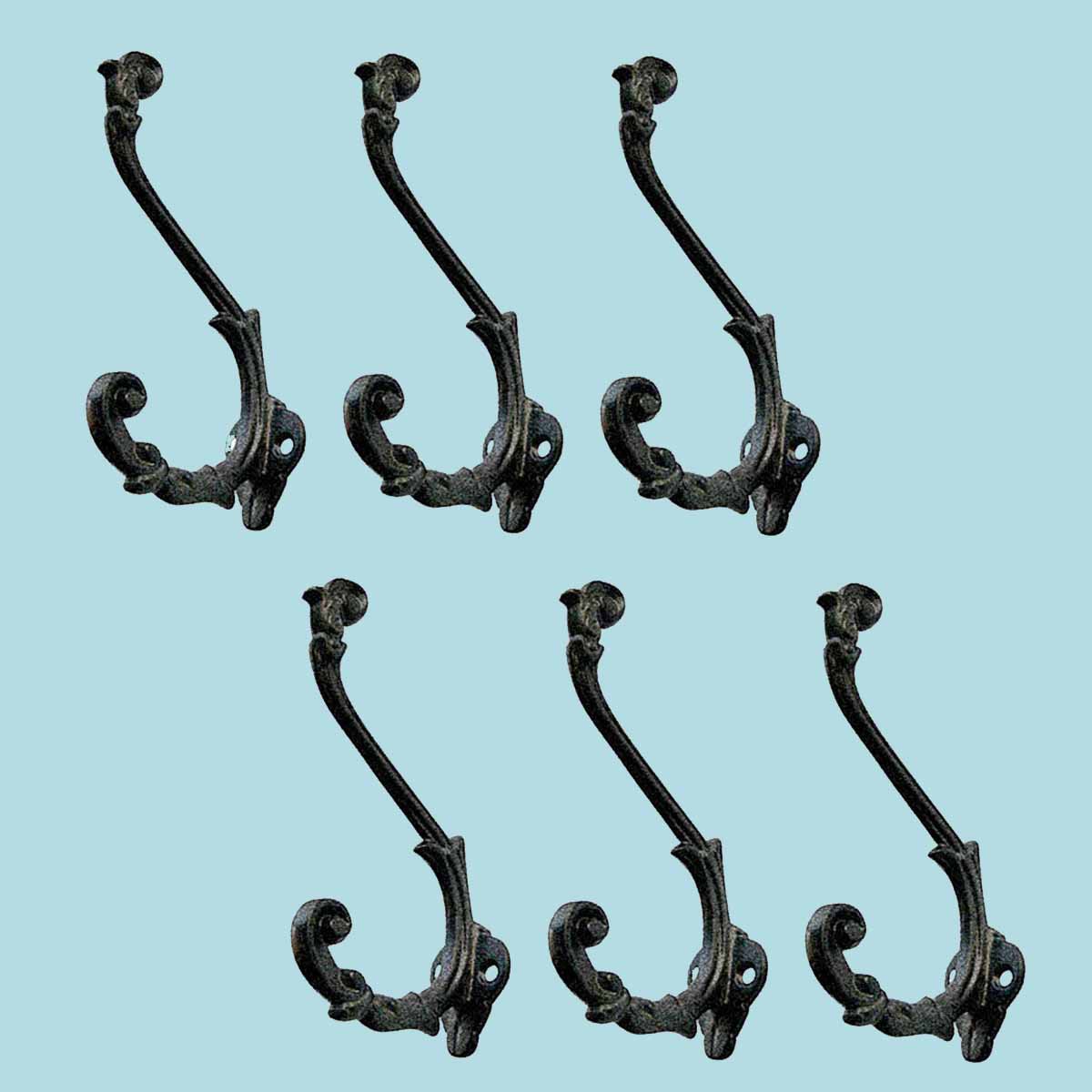 6 Coat Hooks Black Wrought Iron Double Hook 61/2" Set of 6