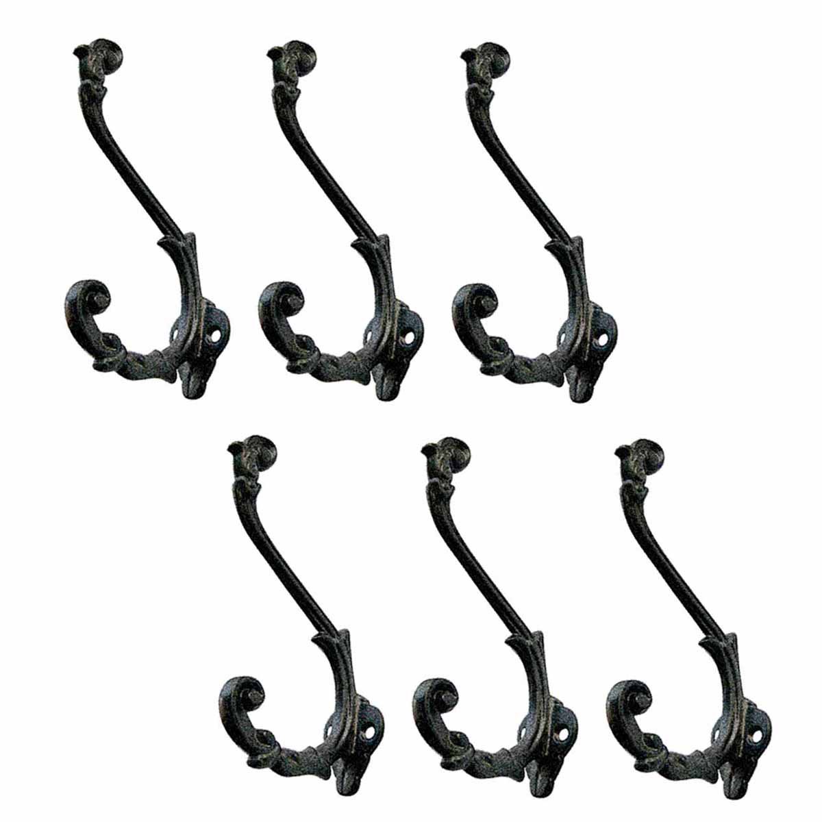 6 Coat Hooks Black Wrought Iron Double Hook 61/2" Set of 6