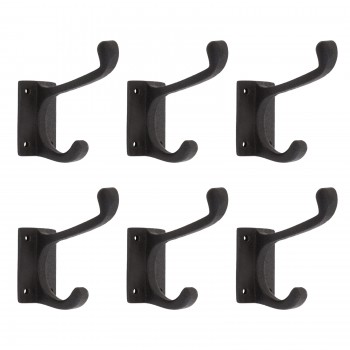Black Double Coat Robe Hooks Wrought Iron Pack of 6 Wall Hooks 