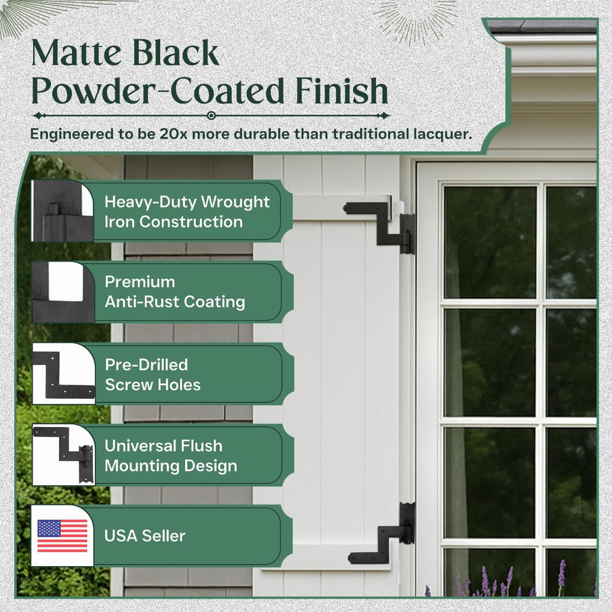 Wrought Iron Shutter Hinges Rustproof Finish 2 Pairs image-2