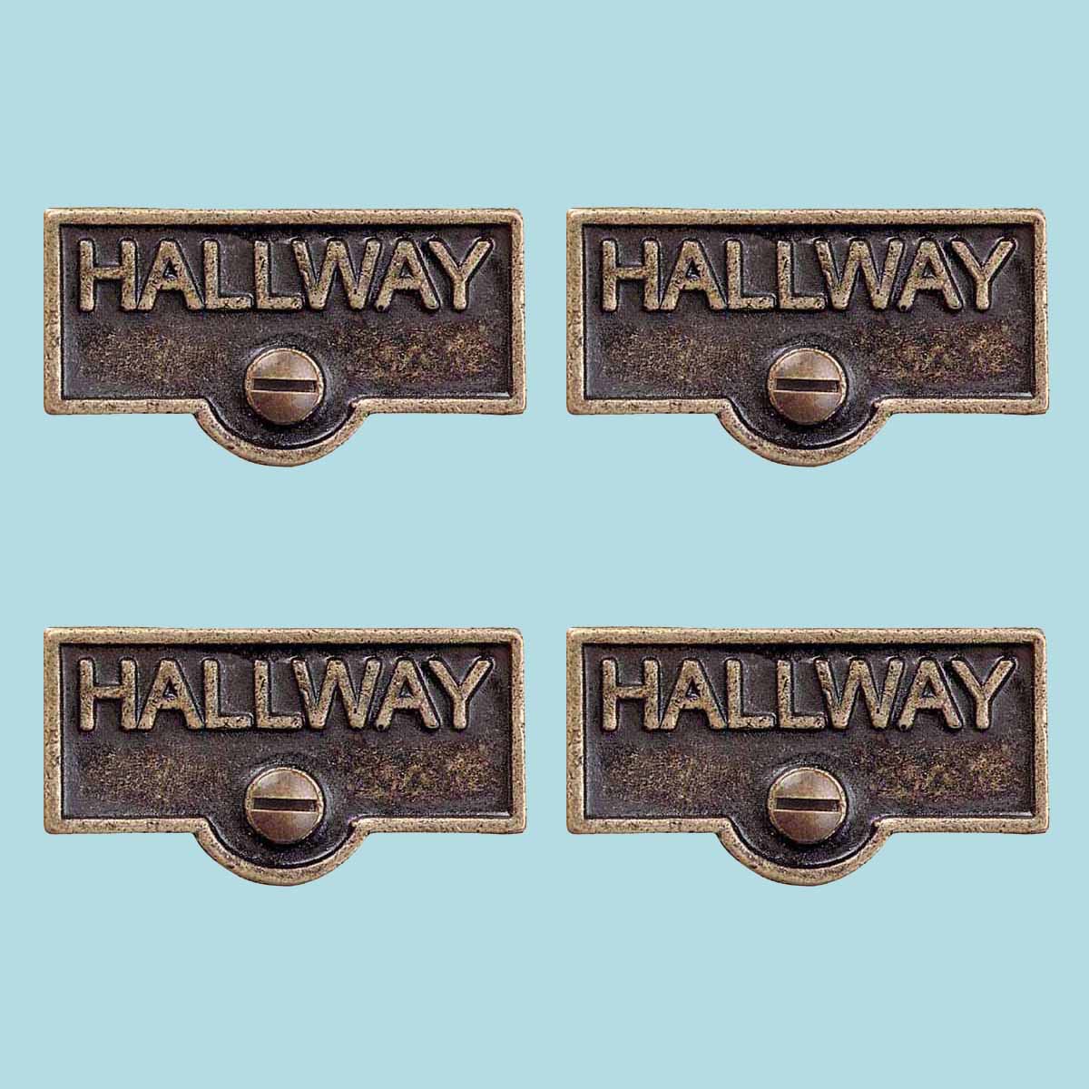 4 Switch Plate Tags HALLWAY Name Signs Labels Antique Brass