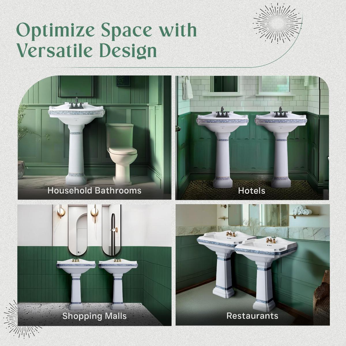 22 7/8" India Reserve Pedestal Bathroom Sink Blue and Gold Accent with Overflow and Pre-Drilled Centerset Faucet Holes image-8