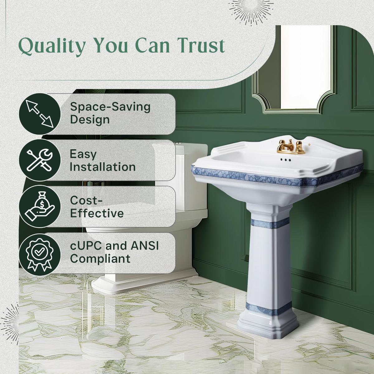 22 7/8" India Reserve Pedestal Bathroom Sink Blue and Gold Accent with Overflow and Pre-Drilled Centerset Faucet Holes image-5