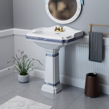 22 7/8" India Reserve Pedestal Bathroom Sink Blue and Gold Accent with Overflow and Pre-Drilled Centerset Faucet Holes 