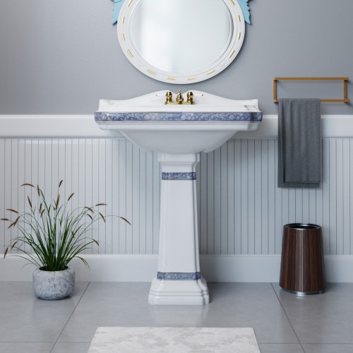 22 7/8" India Reserve Pedestal Bathroom Sink Blue and Gold Accent with Overflow and Pre-Drilled Centerset Faucet Holes image-2