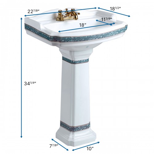 22 7/8" India Reserve Pedestal Bathroom Sink Blue and Gold Accent with Overflow and Pre-Drilled Centerset Faucet Holes image-23