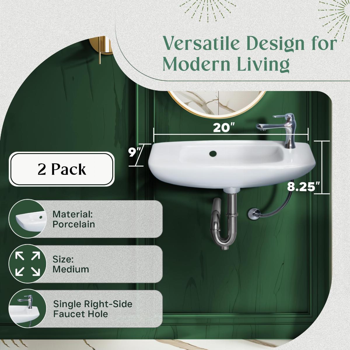 Wall Mount Small Vessel Sink With Overflow Hole and Single Faucet Hole Set of 2 image-2
