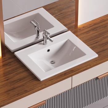 Square White Bathroom Sink with Faucet and Drain, Drop In, Self Rimming 