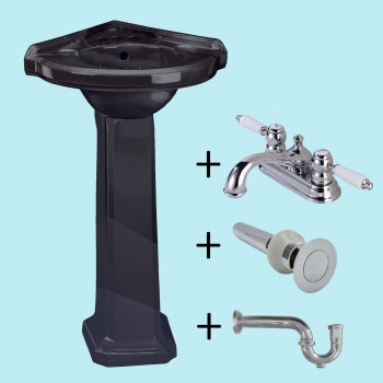 Corner Pedestal Sink Black Ceramic Space Saving with 4" Faucet, Drain and P-Trap image-2
