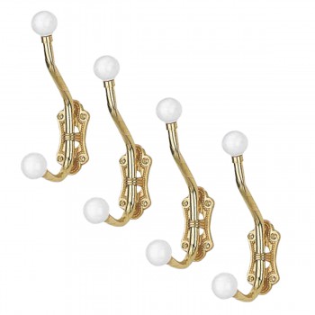 Double Coat Hook 6.25" L Brass Polished White Porcelain Ball Tip Style Pack of 4 