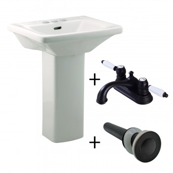 Child White Pedestal Sink with 4" Black Faucet and Drain 