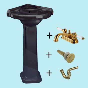 Corner Pedestal Sink Black Ceramic Space Saving with 4" Faucet, Drain and P-Trap image-2