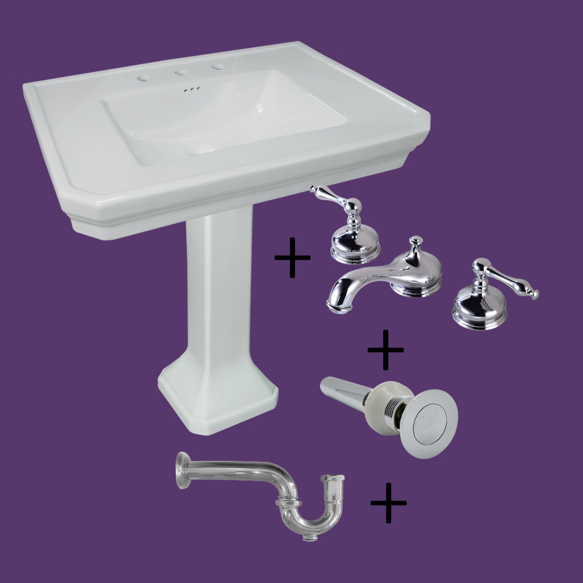 White Vitreous Pedestal Sink Victorian with Widespread Faucet & Ptrap