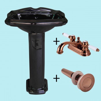 Black Pedestal Sink Porcelain w/ Rose Gold 4'' Faucet and Drain with Overflow image-2