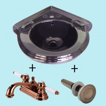 Small Corner Sink Wall Mount Black Centerset with 4" Rose Gold Faucet and Drain image-2