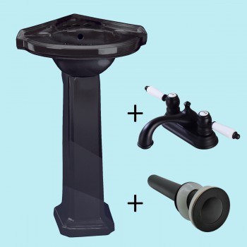 Corner Pedestal Sink Black Ceramic Space Saving with 4" Black Faucet and Drain image-2
