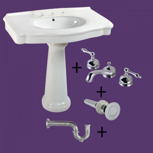 White Pedestal Sink with 8" Widespread Faucet, Overflow and P-Trap image-2