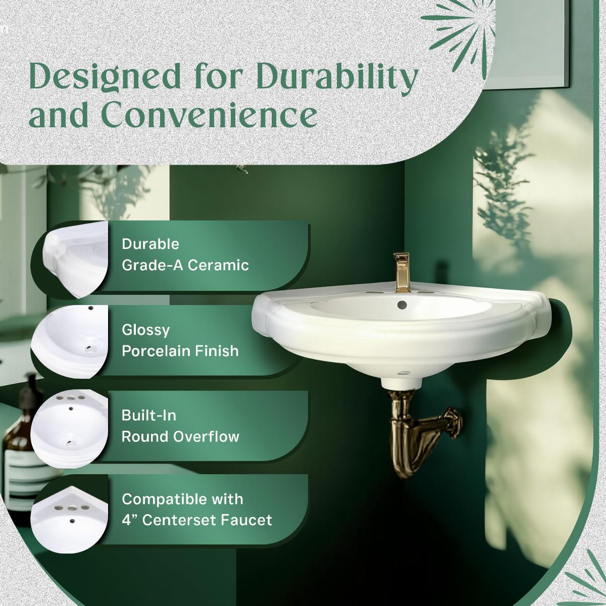 Portsmouth Corner Small Wall Mounted Ceramic Bathroom Sink image-3