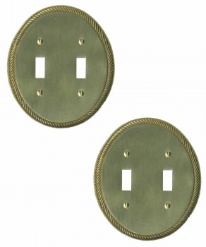 2 Solid Brass Switchplate Double Toggle Oval Braided 