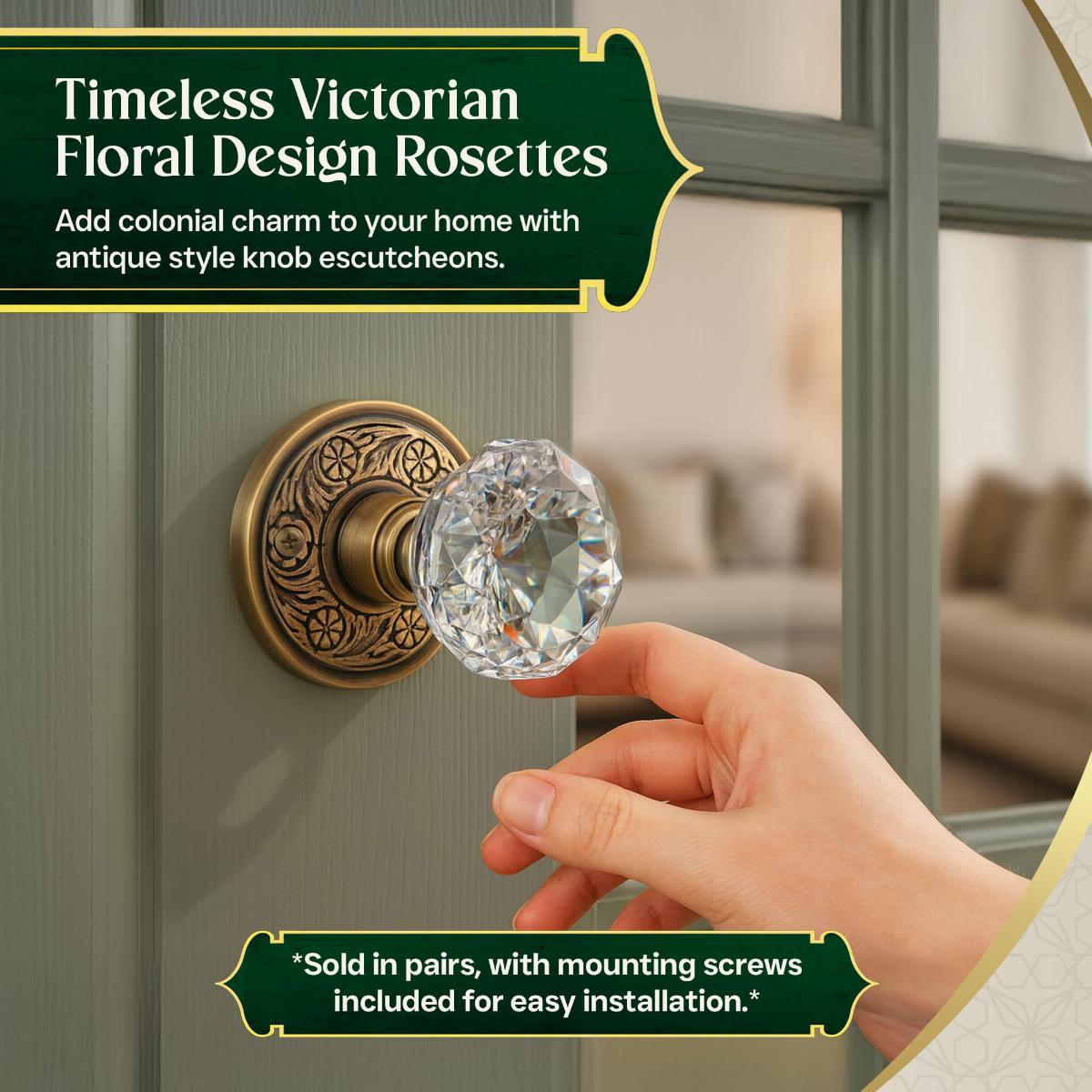 Victorian Rosette Antique Brass Cabinet Door Knob 2.5" Dia. Back Plate Pack of 4 image-6
