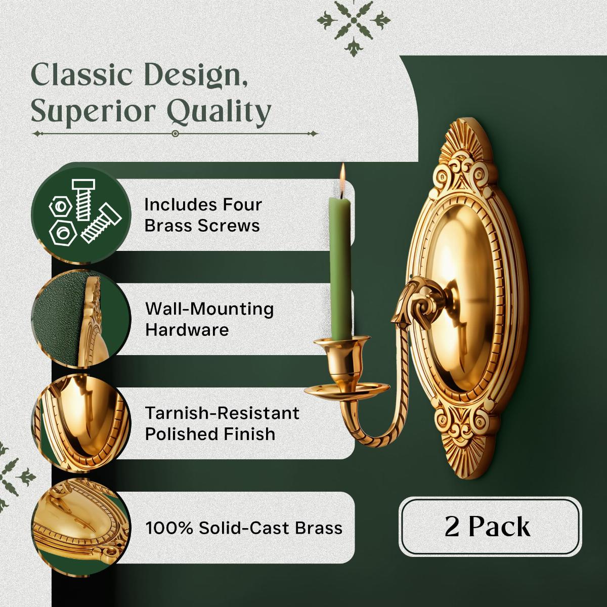 2 Wall Sconces Bright Brass Candle Holders Set of 2 image-2