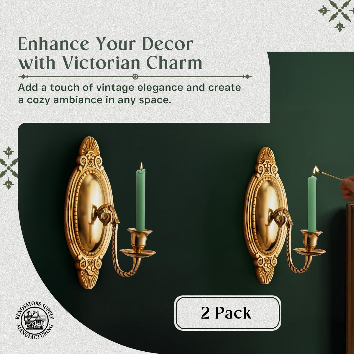 2 Wall Sconces Bright Brass Candle Holders Set of 2 image-3