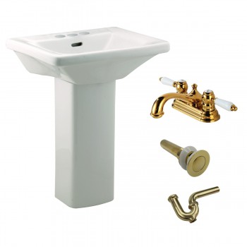 Child White Pedestal Sink with 4" Brass Faucet, Drain & P-trap 