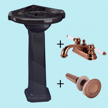 Corner Pedestal Sink Black Ceramic Space Saving with 4" Rose Gold Faucet & Drain image-2