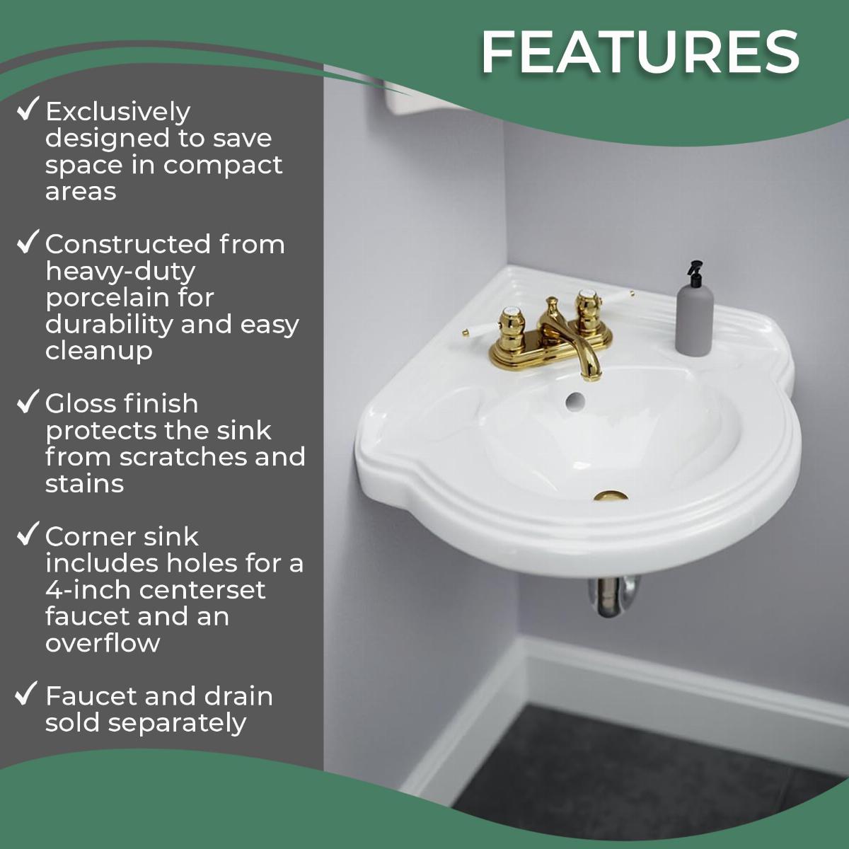 Portsmouth 22" Corner Wall Mounted Bathroom Sink in White with Overflow and Bracket image-4