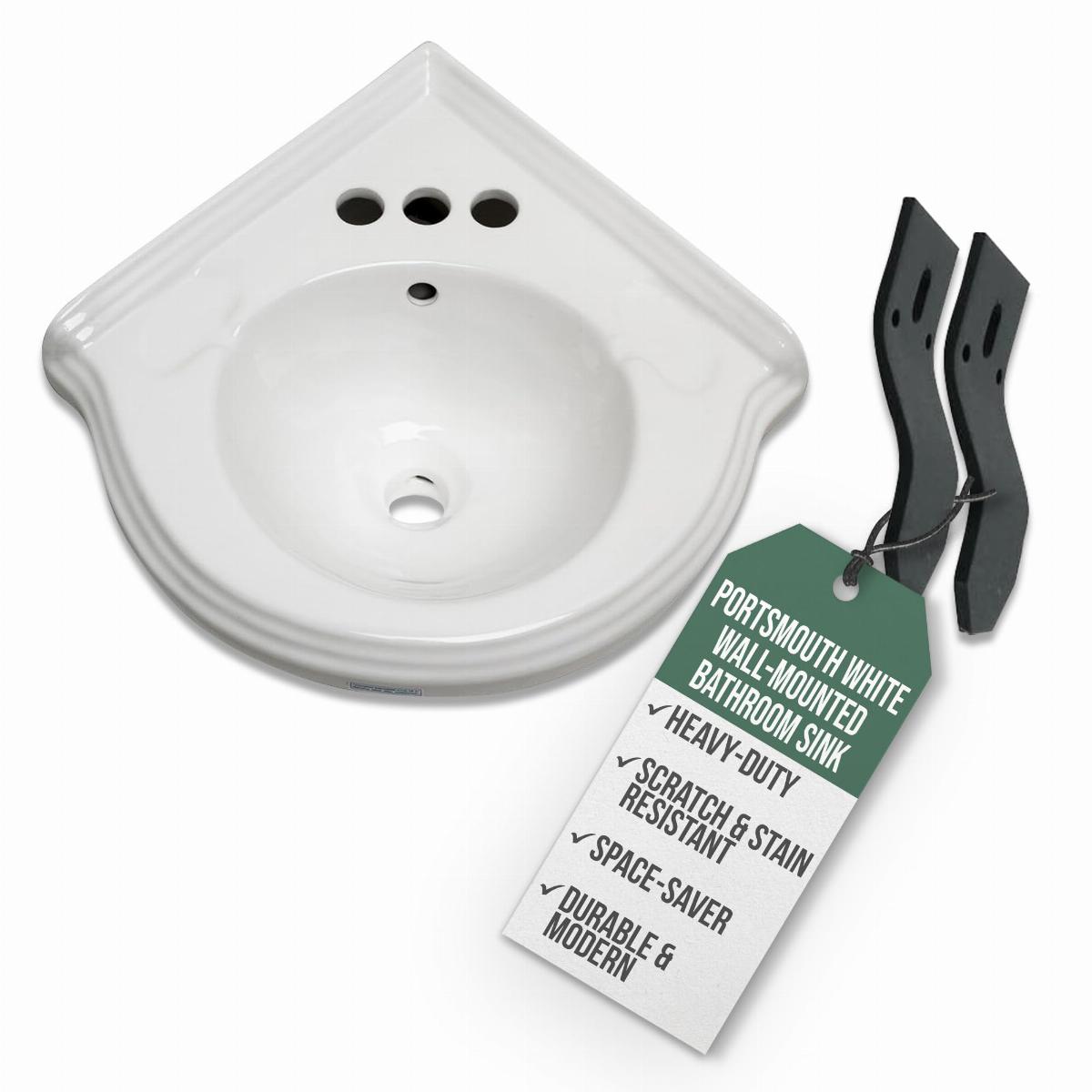 Portsmouth 22" Corner Wall Mounted Bathroom Sink in White with Overflow and Bracket image-2