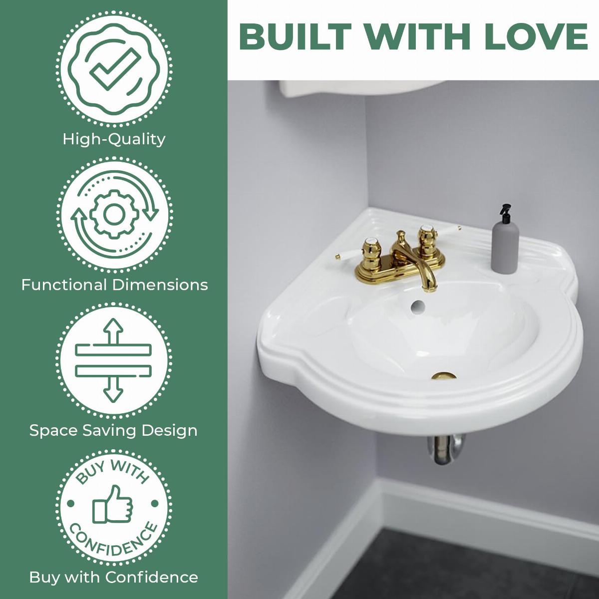 Portsmouth 22" Corner Wall Mounted Bathroom Sink in White with Overflow and Bracket image-5