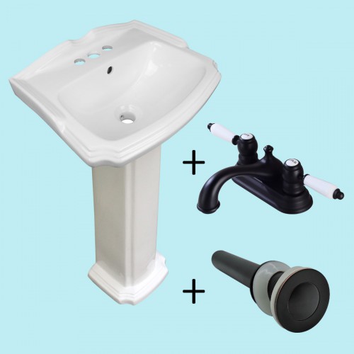 Small White Pedestal Bathroom Sink with 4" Black Faucet and Drain image-2
