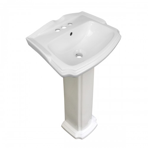 Small White Pedestal Bathroom Sink with 4" Black Faucet and Drain image-3