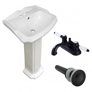 Small White Pedestal Bathroom Sink with 4" Black Faucet and Drain 