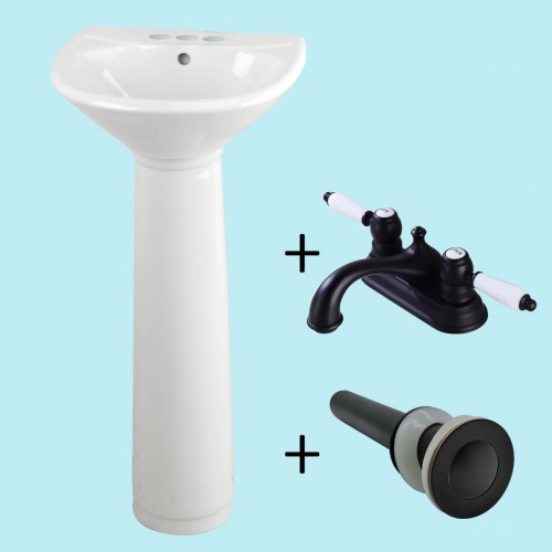 White Small Pedestal Sink with 4" Black Faucet and Drain image-2