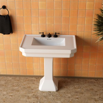 White Large Vitreous Victorian Pedestal Sink with Widespread Black Belle Faucet & Drain 