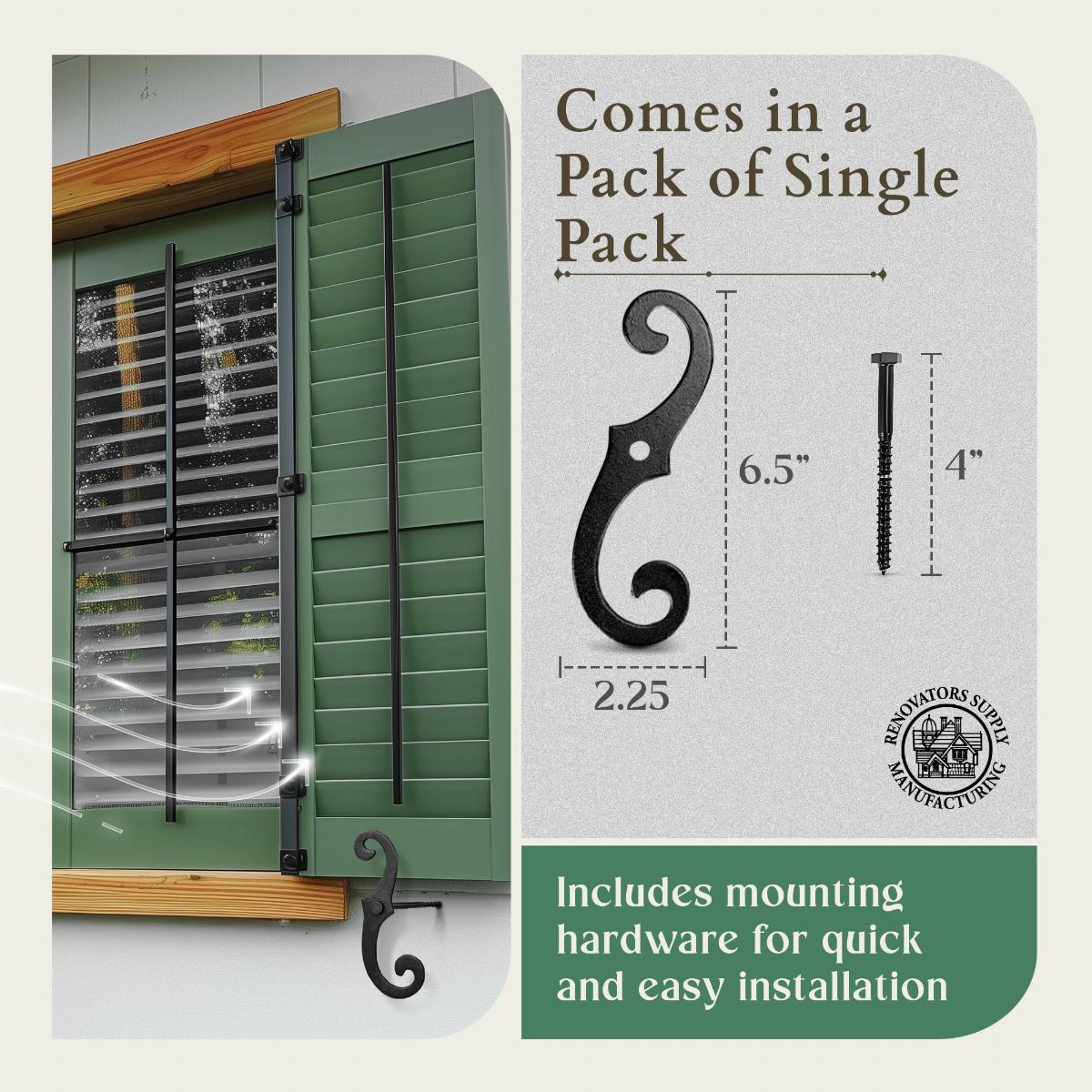 Black Shutter Dog Holders 6.5" L S Style Solid Aluminium with Mounting Screws 1 Pair image-8